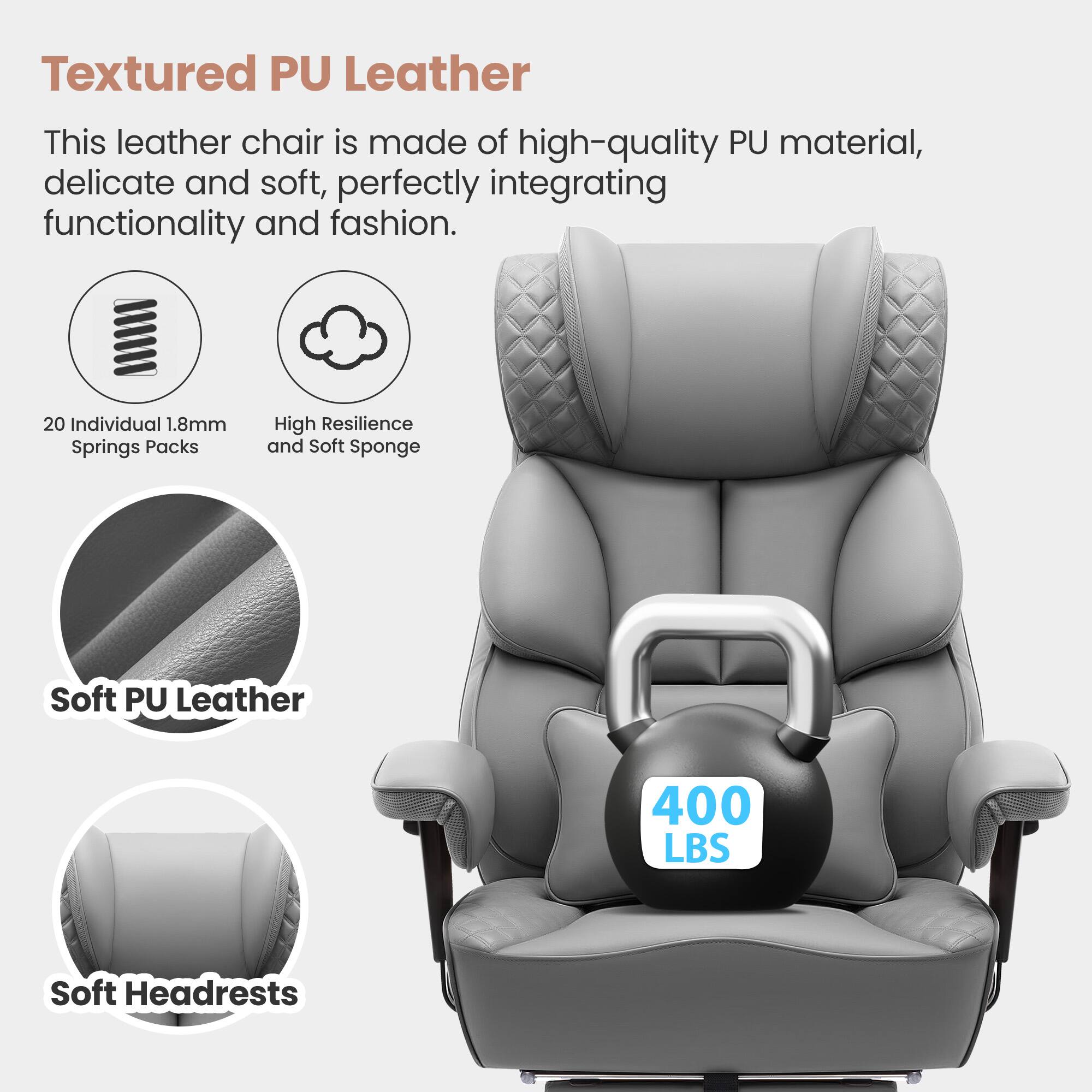 Textured PU Leather: This leather chair is made of high-quality PU material, delicate and soft, perfectly integrating functionality and fashion. 20 Individual 1.8mm Springs Packs: High Resilience and Soft Sponge Soft PU Leather 400 LBS Soft Headrests.