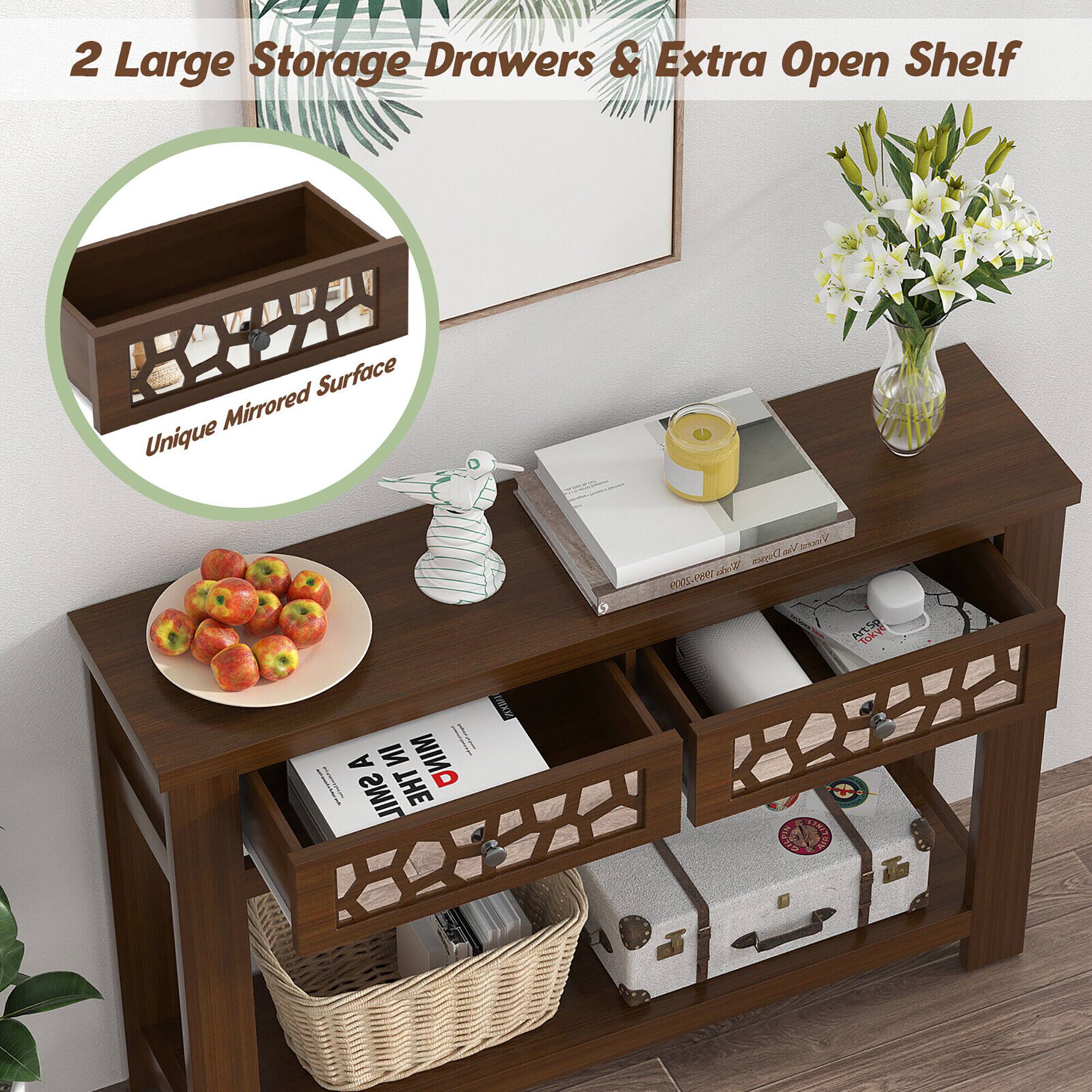 2 Large Storage Drawers & Extra Open Shelf  
Unique Mirrored Surface