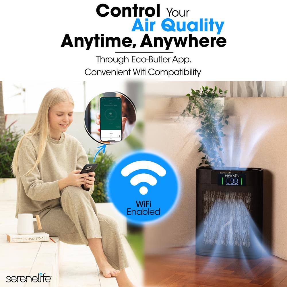 Control Your Air Quality Anytime, Anywhere Through Eco-Butler App. Convenient Wifi Compatibility. WiFi Enabled. serenelife