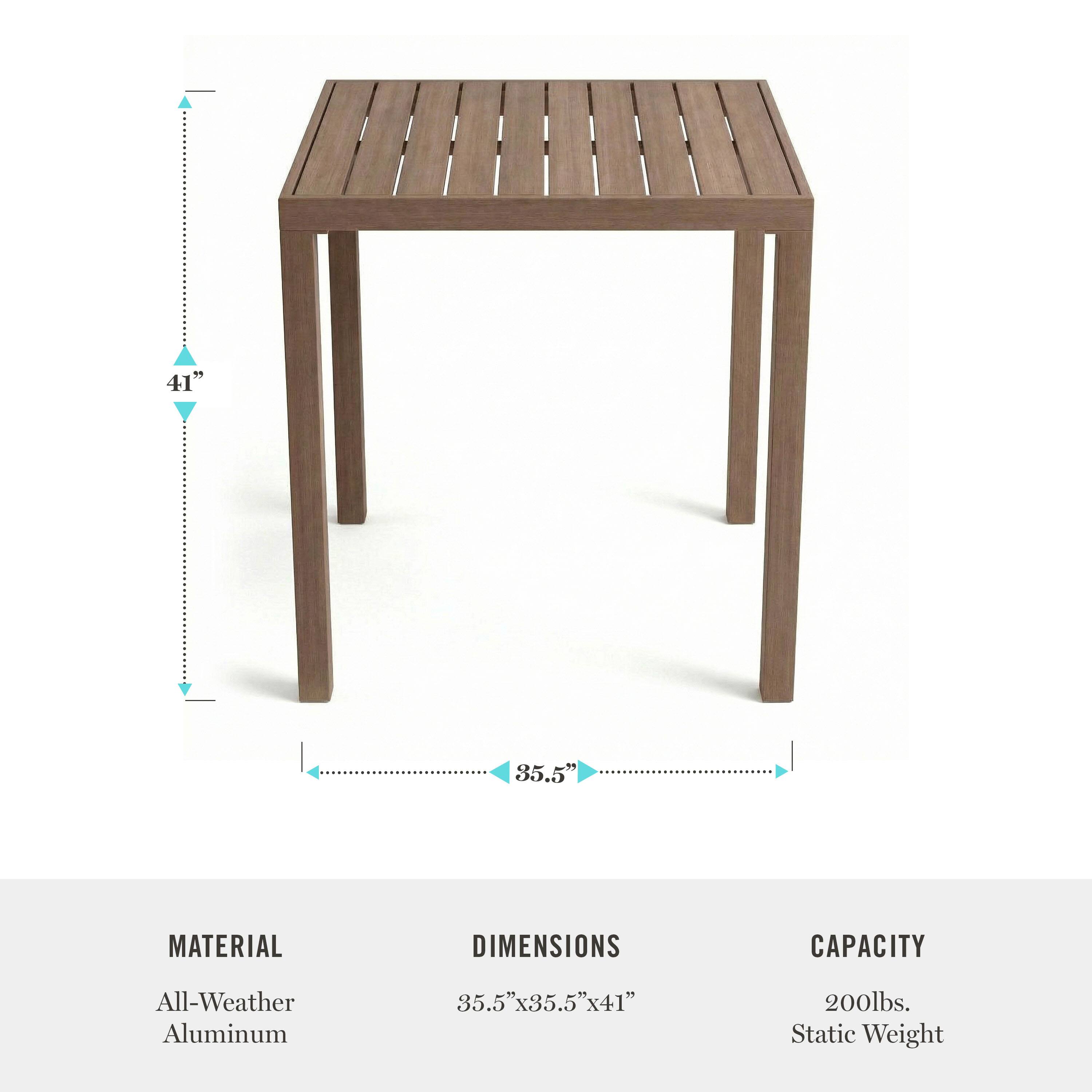 1. 41 OK  
2. MATERIAL: All-Weather Aluminum  
3. DIMENSIONS: 35.5"x35.5"x41"  
4. CAPACITY: 200lbs. Static Weight
