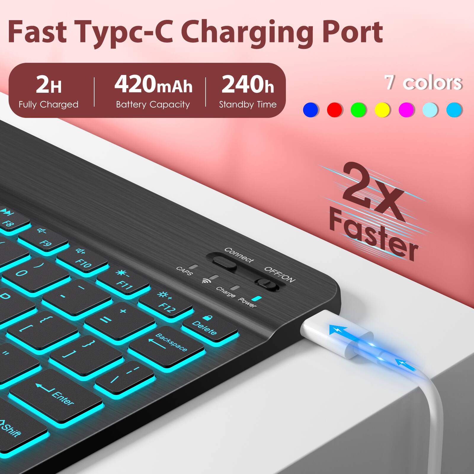 Fast Typc-C Charging Port

- 2H Fully Charged
- 420mAh Battery Capacity
- 240h Standby Time
- 7 colors

2X Faster

Connect OFF/ON Power

Charge

Enter Shift 2X Connect Faster CARS OFFION Charge F12 Power Delete Backspace
