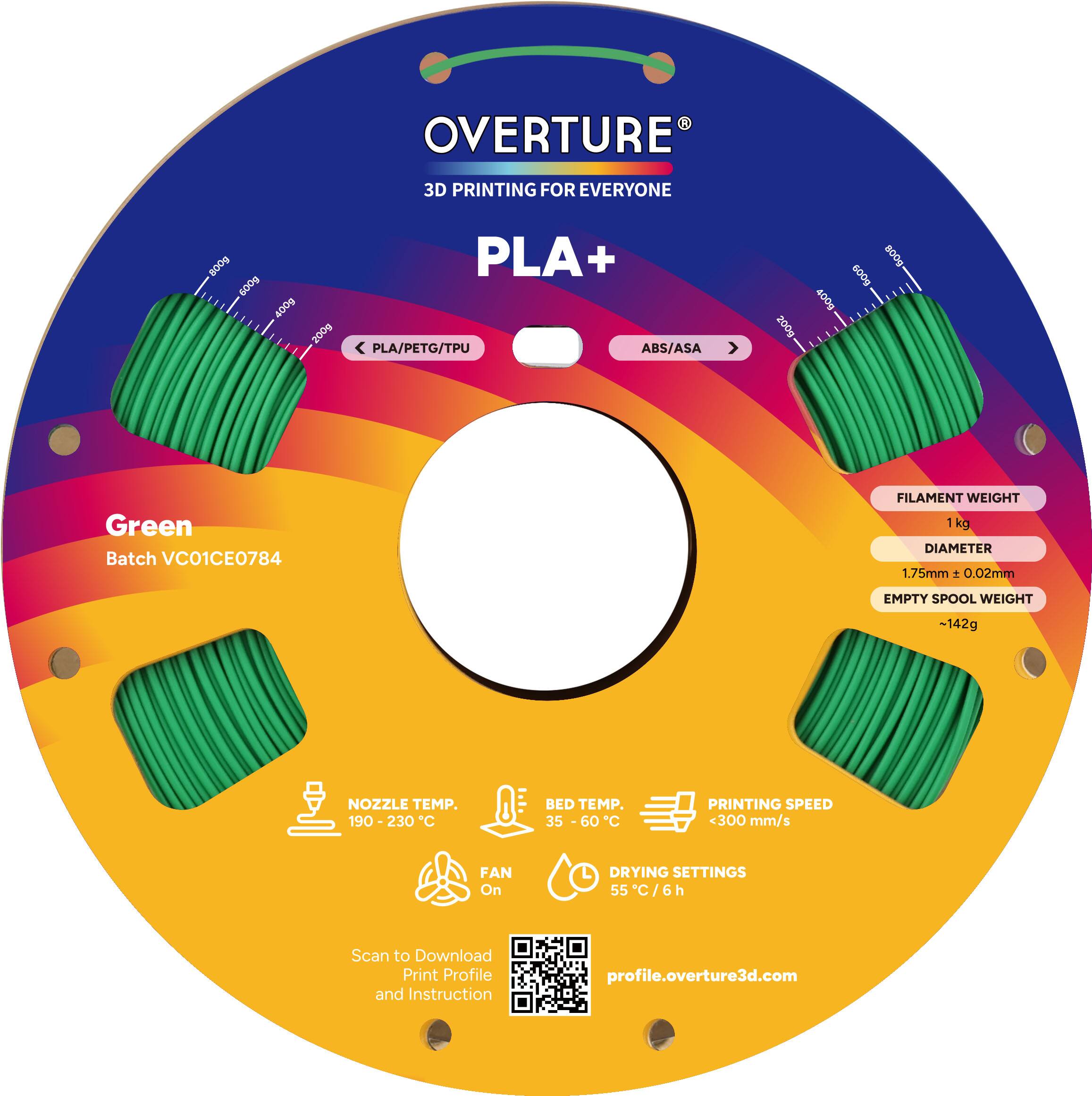 OVERTURE 3D PRINTING FOR EVERYONE  
PLA+  
Green  
Batch VC01CE0784  

FILAMENT WEIGHT: 1 kg  
DIAMETER: 1.75mm ± 0.02mm  
EMPTY SPOOL WEIGHT: ~142g  

NOZZLE TEMP.: 190 - 230°C  
BED TEMP.: 35 - 60°C  
PRINTING SPEED: <300 mm/s  
FAN: On  
DRYING SETTINGS: 55°C / 6h  

Scan to Download Print Profile and Instruction  
profile.overture3d.com
