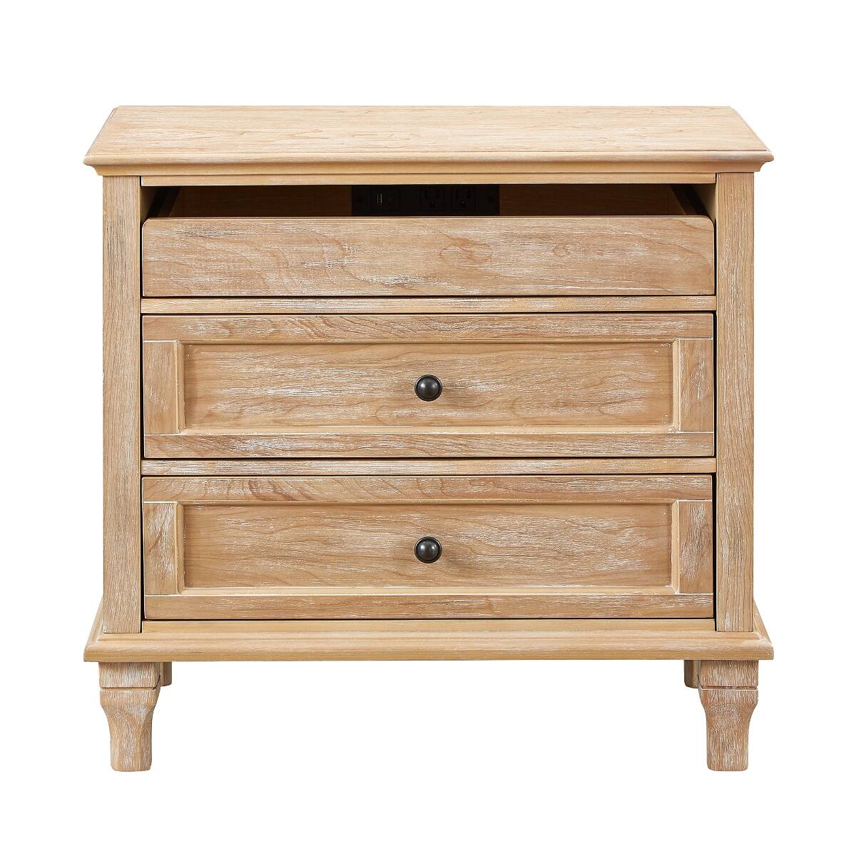 Alt View 6. Loheer - Loheer Wood Nightstand with Charging Station, Natural Oak Farmhouse Bedside Table with Three Drawers - Natural.