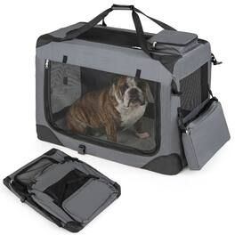 WELLFOR - 33" Portable Collapsible Dog Crate with Mesh Windows and 3 Doors, Travel Pet Crate for Indoor Outdoor - Gray