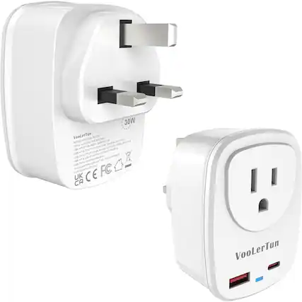 Sure, here is the corrected and grouped text from the image:
---
**VooLerTun**
**30W**
**MODEL: UK-USB-AC200**
**TOTAL LOADING: 200W**
**USB-A OUTPUT: 5V/2.4A, 5V/1A, 5V/1A**
**USB-C OUTPUT: 5V/3A, 9V/2A, 12V/1.5A**
**USB-A + USB-C OUTPUT: 5V/3A, 9V/2A, 12V/1.5A**
**USB-A OUTPUT: 5V/2.4A, 5V/1A, 5V/1A**
**USB-C OUTPUT: 5V/3A, 9V/2A, 12V/1.5A**
**USB-A + USB-C OUTPUT: 5V/3A, 9V/2A, 12V/1.5A**
**USB-A OUTPUT: 5V/2.4A, 5V/1A, 5V/1A**