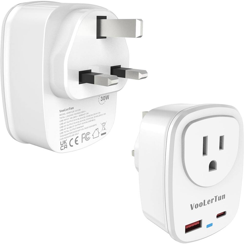 Schertz - VooLerTun UK Type G Travel Adapter with 30W Fast Charge & Dual USB Ports - White