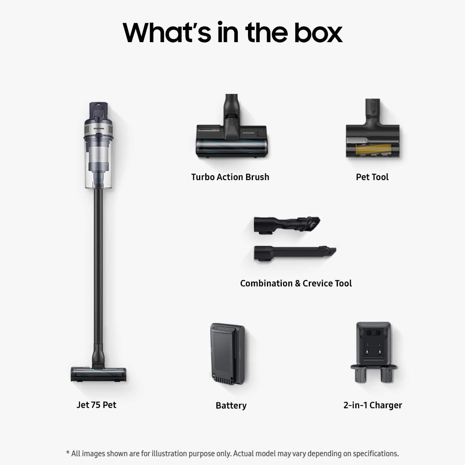 What's in the box: Turbo Action Brush, Pet Tool, Combination & Crevice Tool, Jet 75 Pet, Battery, 2-in-1 Charger. All images shown are for illustration purpose only. Actual model may vary depending on specifications.