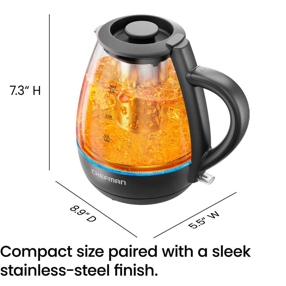 7.3" H MAX 1.0L 0.75L 0.5L MIN CHEFMAN 8.9" D 5.5" W Compact size paired with a sleek stainless-steel finish.