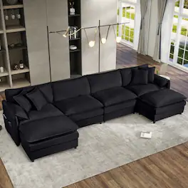 Anysun - Oversized U-Shape Chenille Sectional - 4-Seat Deep-Seat Cloud Couch with 2 Ottomans, DIY Modular for Living Room - Black
