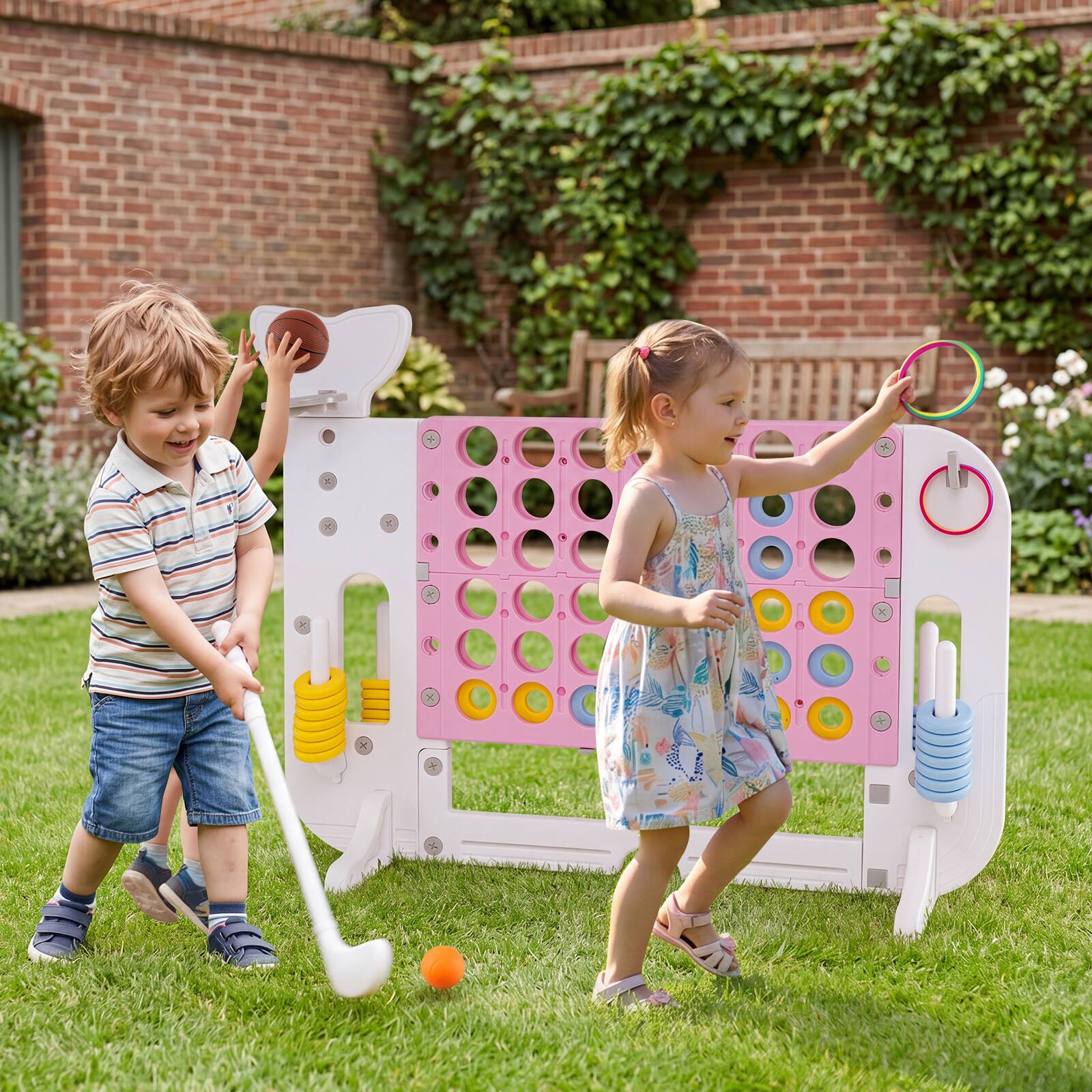 Alt View 1. Costway - Costway Jumbo Connect Four Game with Ring-toss Basketball Golf Club & Balls 2 Cups Holders - Pink.