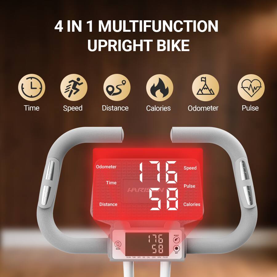 4 IN 1 MULTIFUNCTION UPRIGHT BIKE

Time Speed Distance Calories Odometer Pulse

Odometer: 176
Speed: 58
Time: 176
Pulse: 58
Distance: 58
Calories: 58