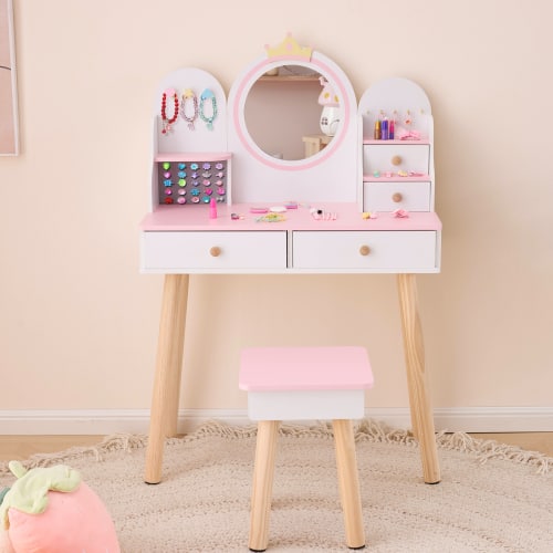 Winado - 2-in-1 Kids Vanity Girls Makeup Dressing Table Study Desk Set with Stool 2 Drawers for Birthday Christmas Children Gift - Pink