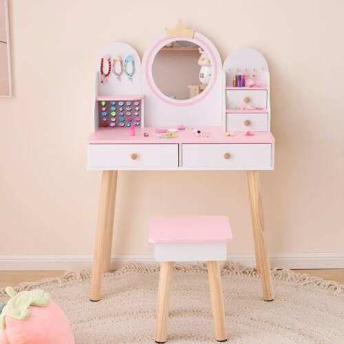 Winado - Kids Vanity Girls Makeup Dressing Table Set with Stool Drawer Birthday Christmas Gift - Pink