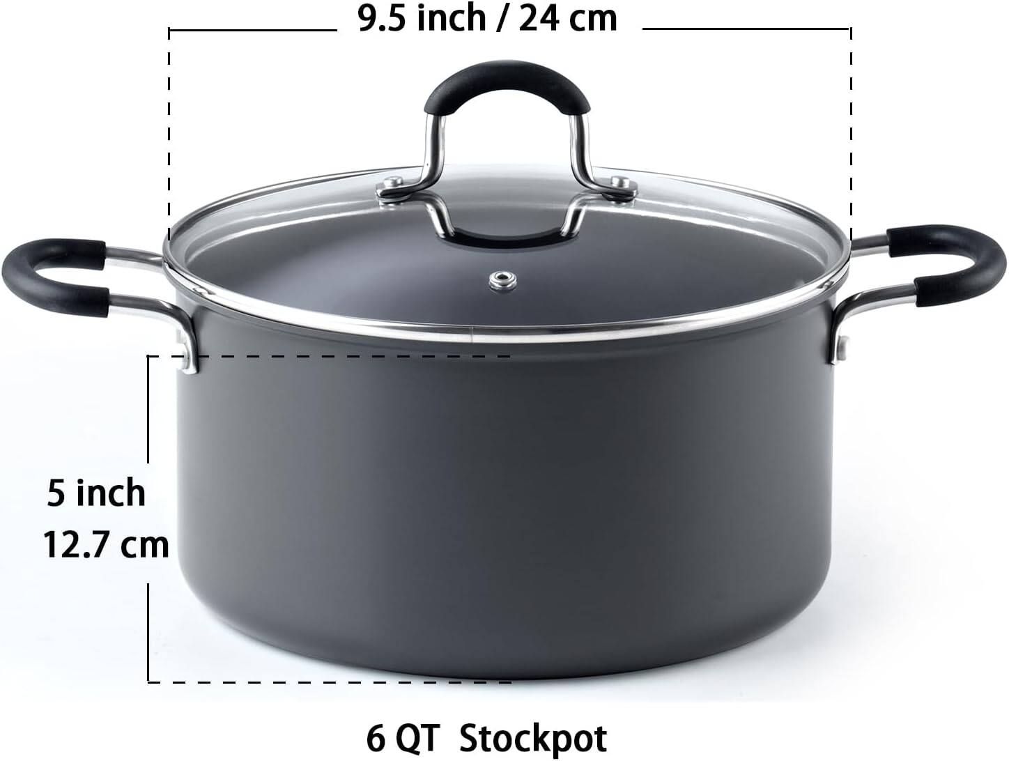 9.5 inch / 24 cm  
5 inch / 12.7 cm  
6 QT Stockpot
