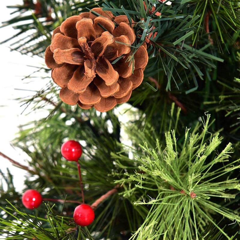 Alt View 1. WELLFOR - 3 ft Pre‑Lit Pre‑Decorated Artificial Christmas Tree with Warm‑White LEDs, Red Berries & Pine Cones - Green.