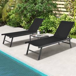 Mondawe - 3 Pcs Patio Chaise Lounge Set w 2 Chairs & Table 6-Level Backrest Aluminum Frame for Poolside - Black