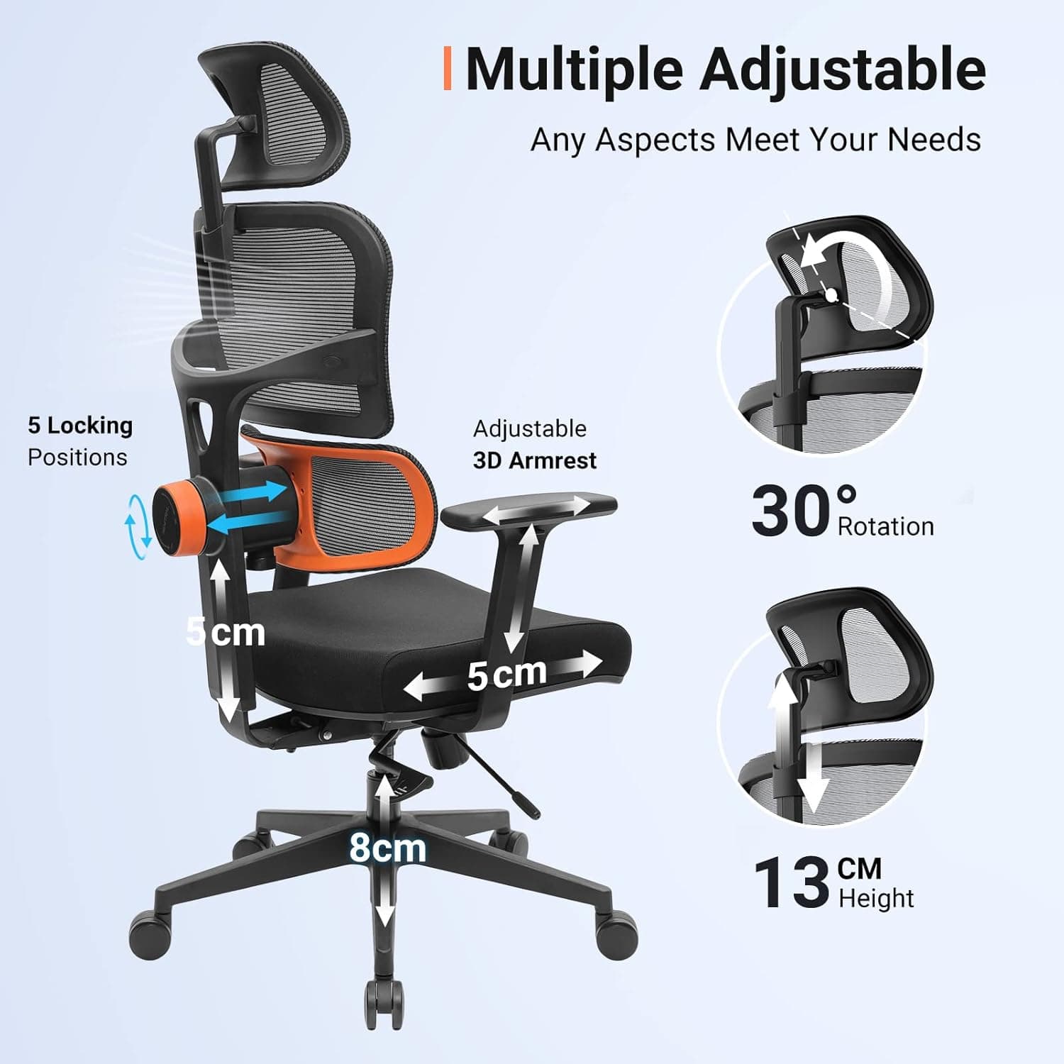 The text on the image reads: "I Multiple Adjustable Any Aspects Meet Your Needs 5 Locking Positions Adjustable 3D Armrest 30 Rotation 5cm 5cm 8cm 13 Height."