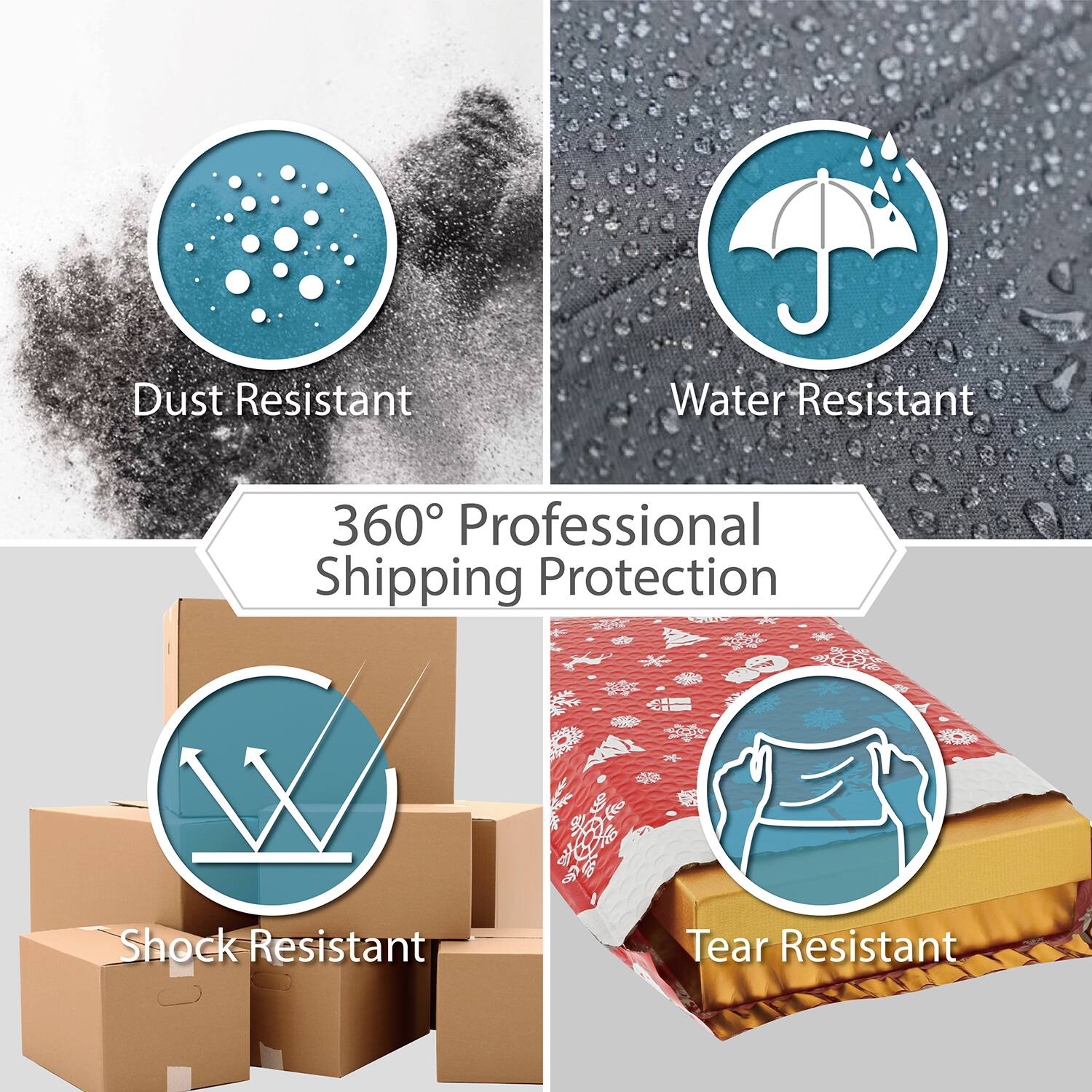 Dust Resistant  
Water Resistant  
360° Professional Shipping Protection  
Shock Resistant  
Tear Resistant