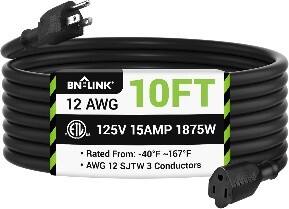 BN-LINK - 10 ft Outdoor Extension Cord 12/3 SJTW, Heavy Duty, 3-Prong Grounded, 15A, 1875W, ETL - Black