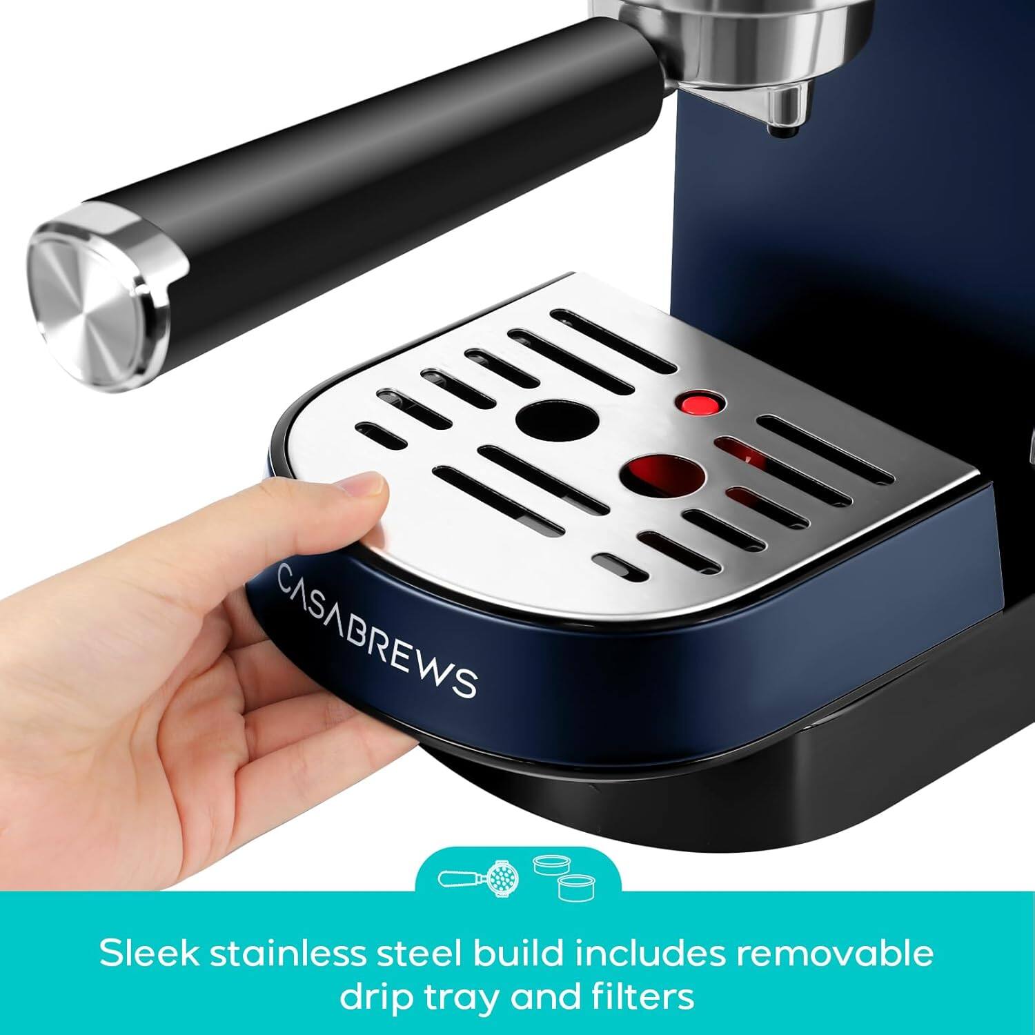 CASABREWS Sleek stainless steel build includes removable drip tray and filters