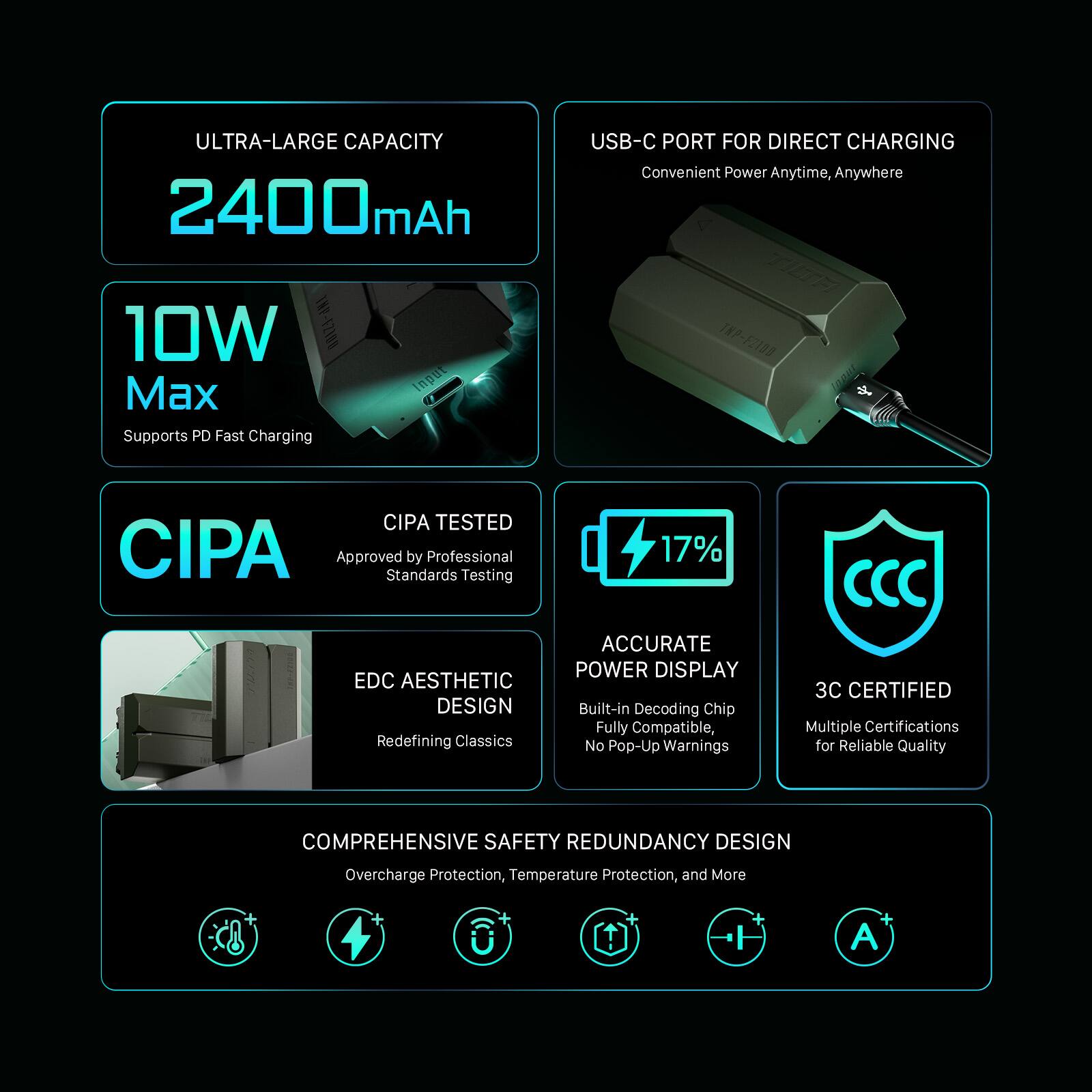 ULTRA-LARGE CAPACITY 2400mAh

10W Max
Supports PD Fast Charging

USB-C PORT FOR DIRECT CHARGING
Convenient Power Anytime, Anywhere

CIPA TESTED
Approved by Professional Standards Testing

EDC AESTHETIC DESIGN
Redefining Classics

ACCURATE POWER DISPLAY
17%
Built-in Decoding Chip
Fully Compatible, No Pop-Up Warnings

CCC 3C CERTIFIED
Multiple Certifications for Reliable Quality

COMPREHENSIVE SAFETY REDUNDANCY DESIGN
Overcharge Protection, Temperature Protection, and More
