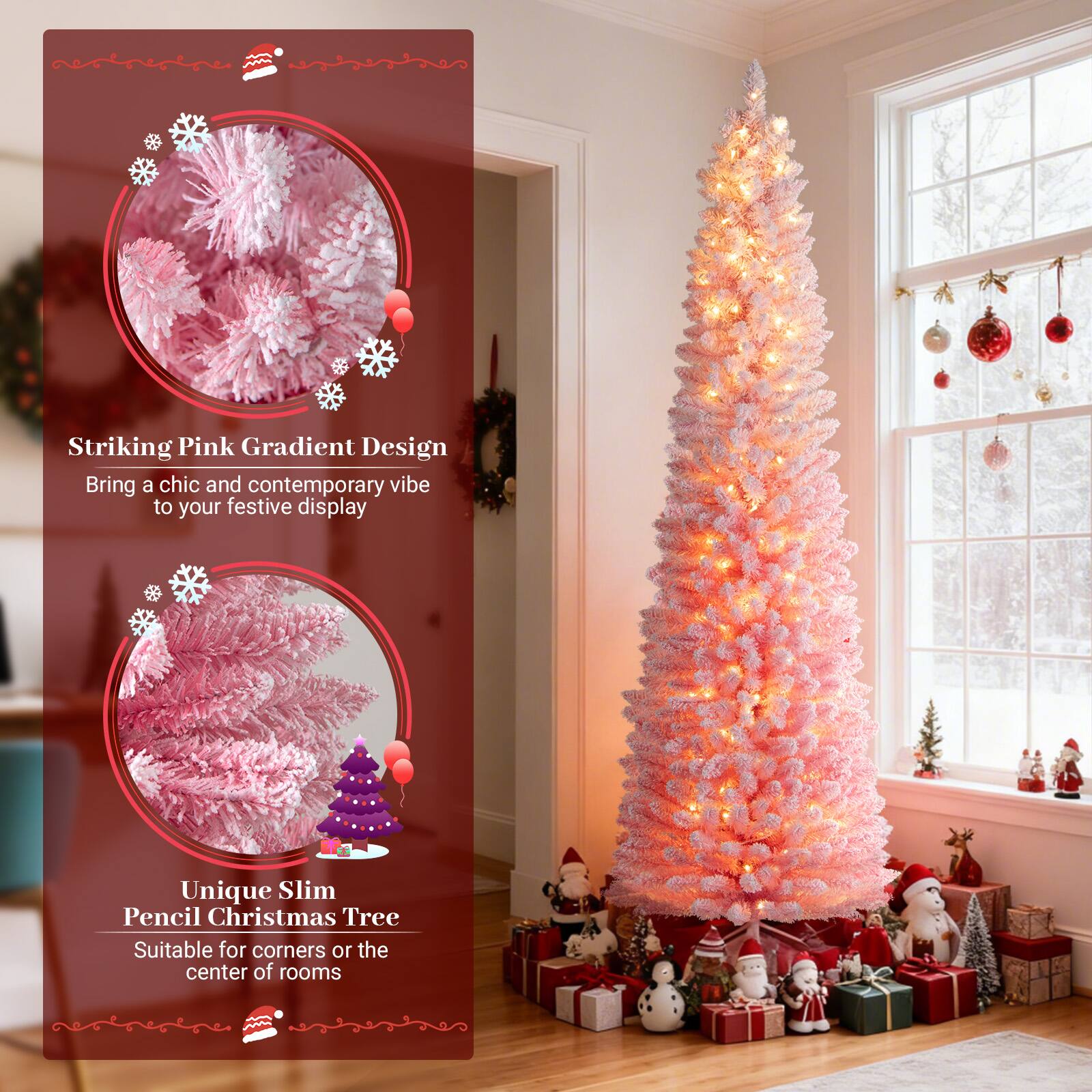 Striking Pink Gradient Design  
Bring a chic and contemporary vibe to your festive display  

Unique Slim Pencil Christmas Tree  
Suitable for corners or the center of rooms