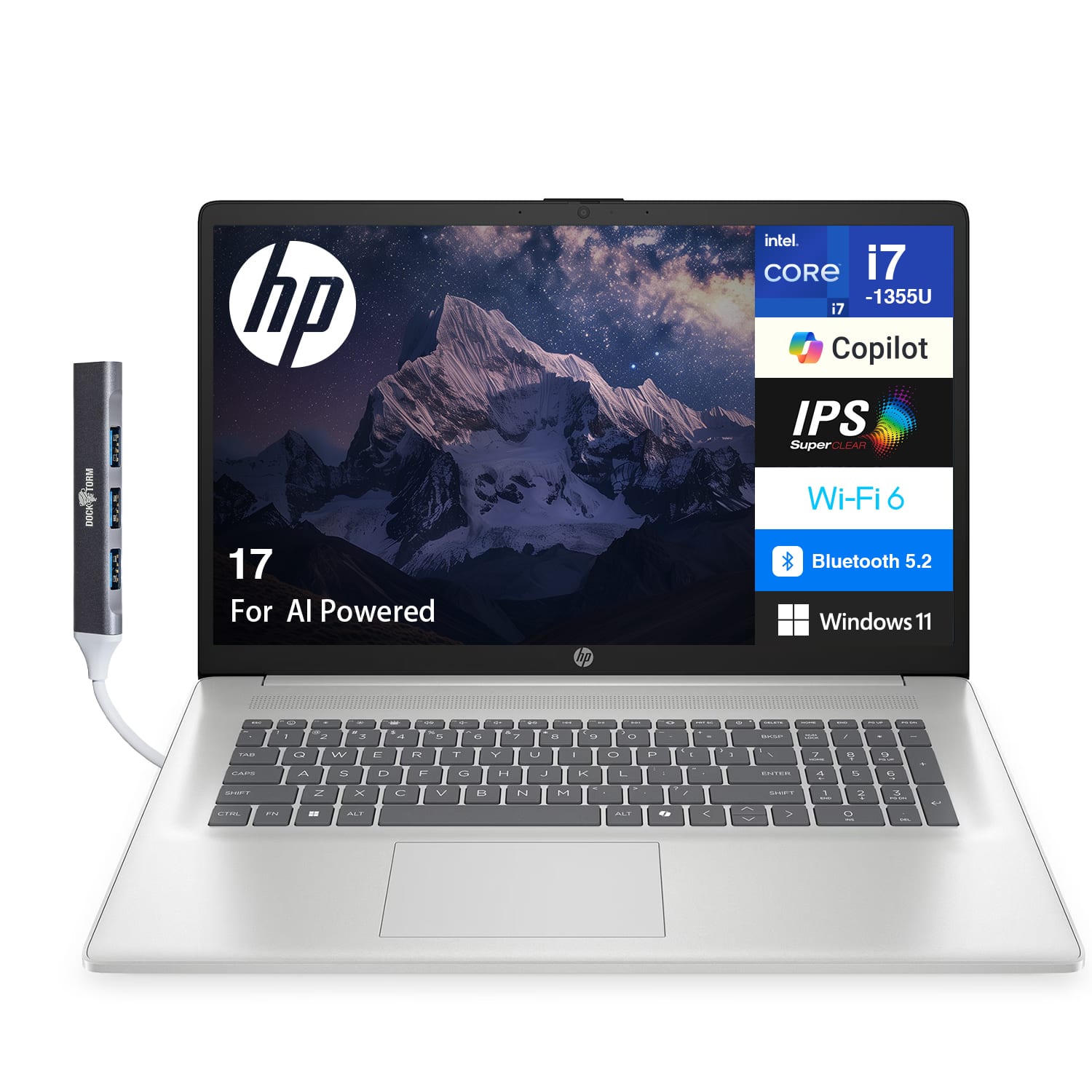 Sure, here is the corrected and grouped text from the image:

---

**HP 17 For AI Powered**

- **Intel Core i7-1355U**
- **Copilot**
- **IPS SuperCLAR**
- **Wi-Fi 6**
- **Bluetooth 5.2**
- **Windows 11**

---

**Docking Station:**

- **HP DOCK 17**

---