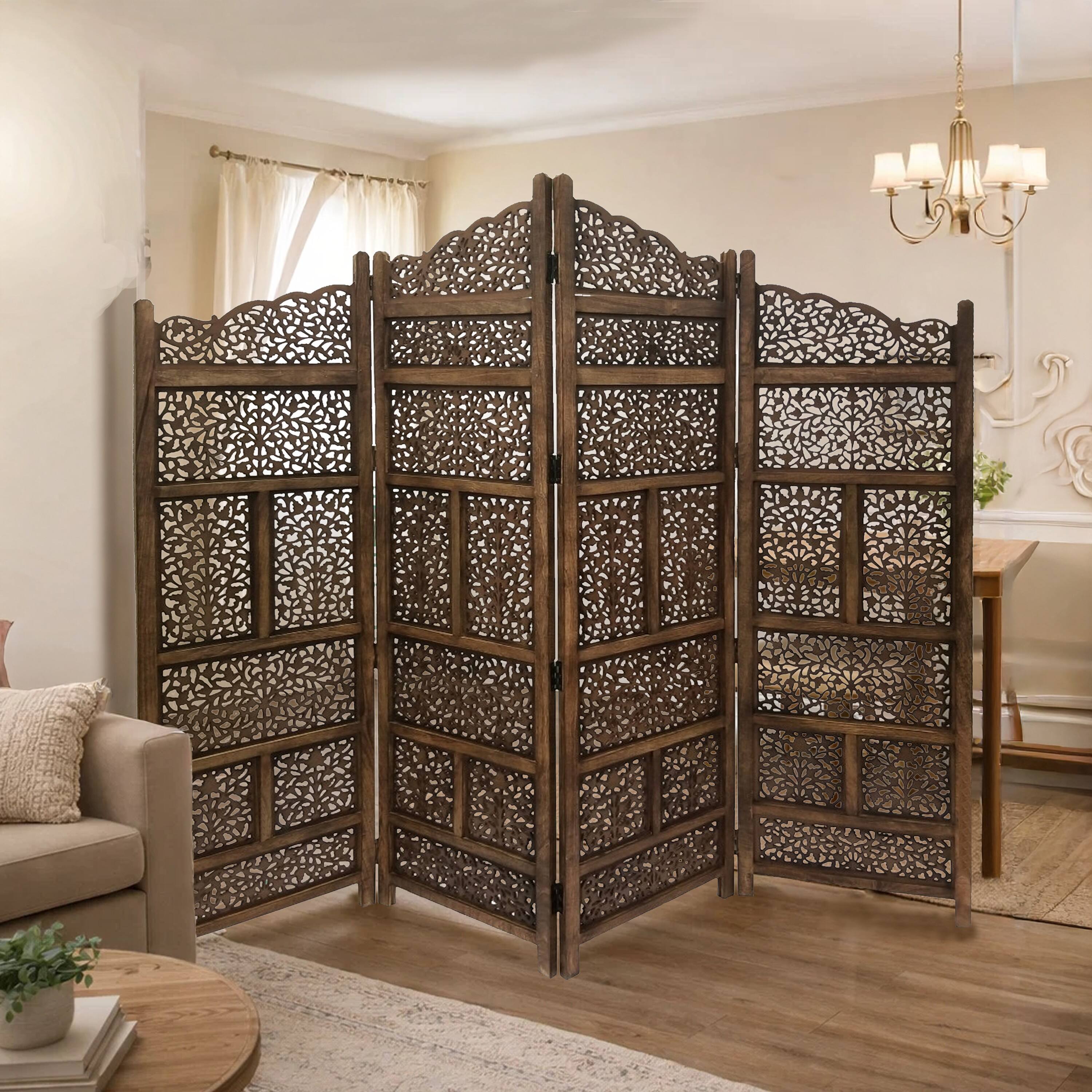 Alt View 7. Manhattan Lane - Benzara Hand Carved Foldable 4 Panel Wooden Partition Screen/RoomDivider - Brown.