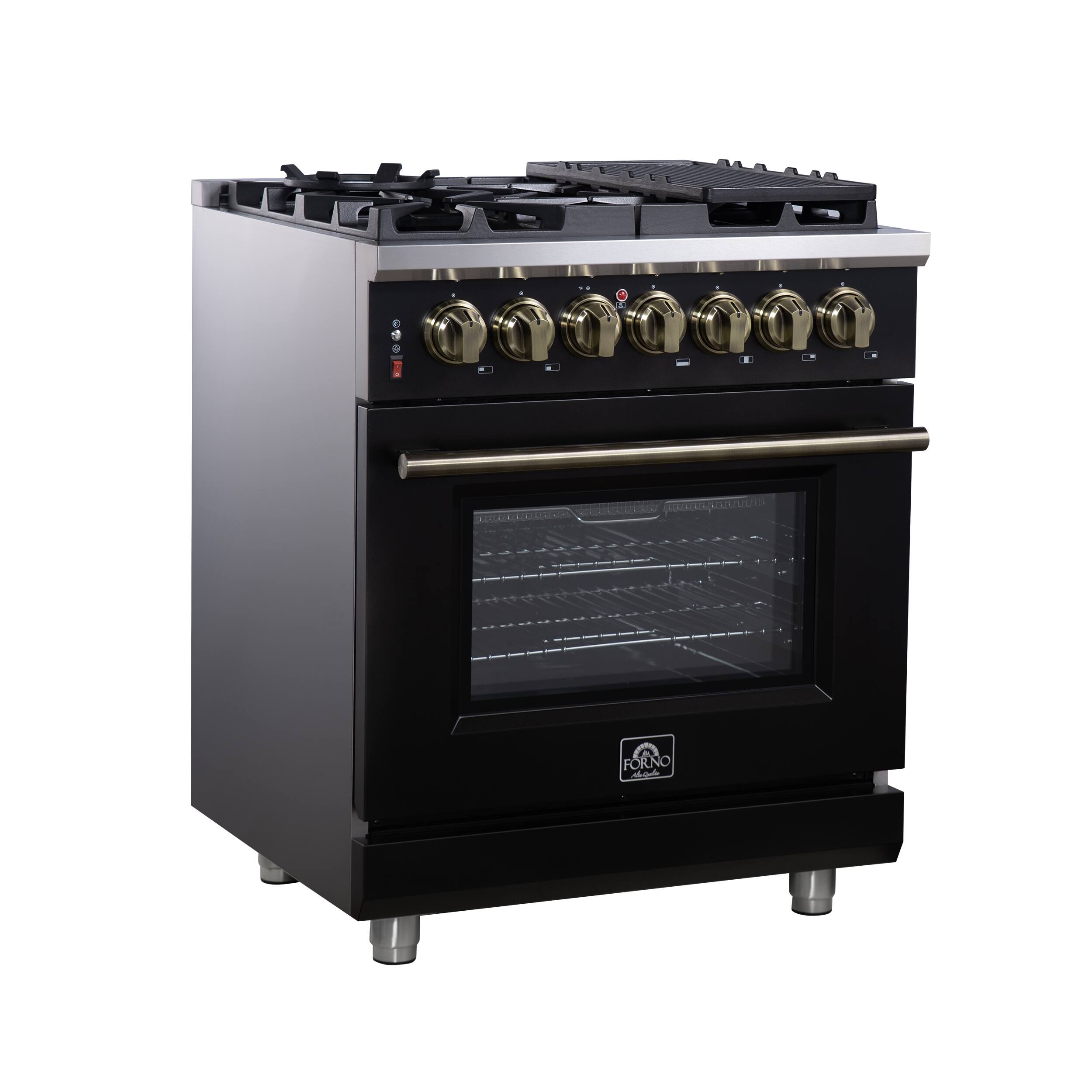 Left. Forno Appliances - Massimo 4.32 Cu. Ft. Freestanding Dual Fuel True Convection Range with Air Fryer Basket - Black.