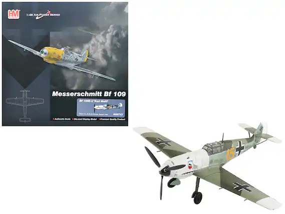 HM
1:48 AIR-POWER SERIES
Messerschmitt Bf 109
BF 109E-3 "Karl Wolff"
Yellow, 15, M/J/O, S.G.
France, August 1940
HA8723
Authentic Scale
Die-cast Display Model
Premium Quality Product