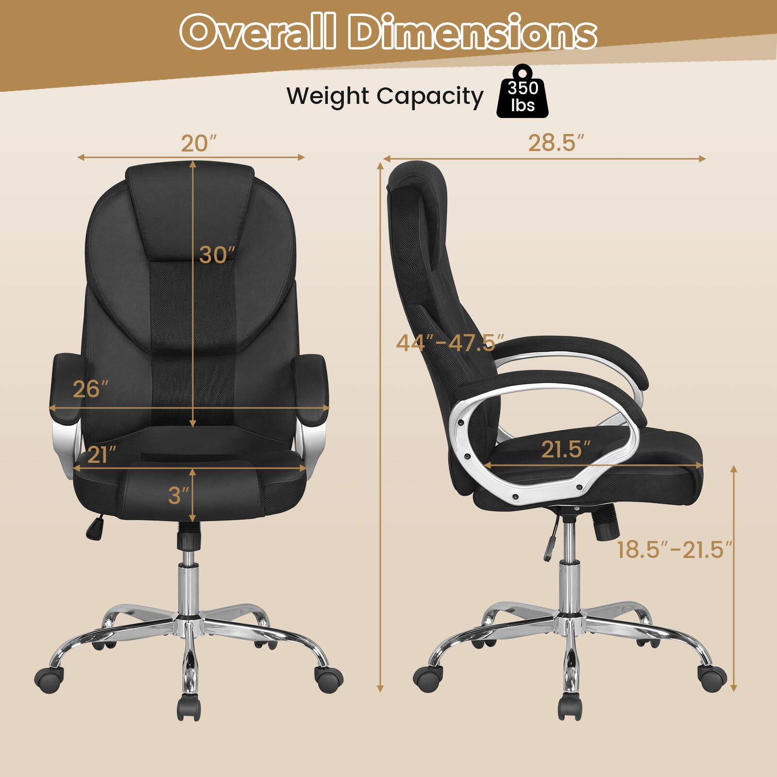 Overall Dimensions  
Weight Capacity: 350 lbs  
20"  
28.5"  
30"  
44"-47.5"  
26"  
21"  
21.5"  
3"  
18.5"-21.5"