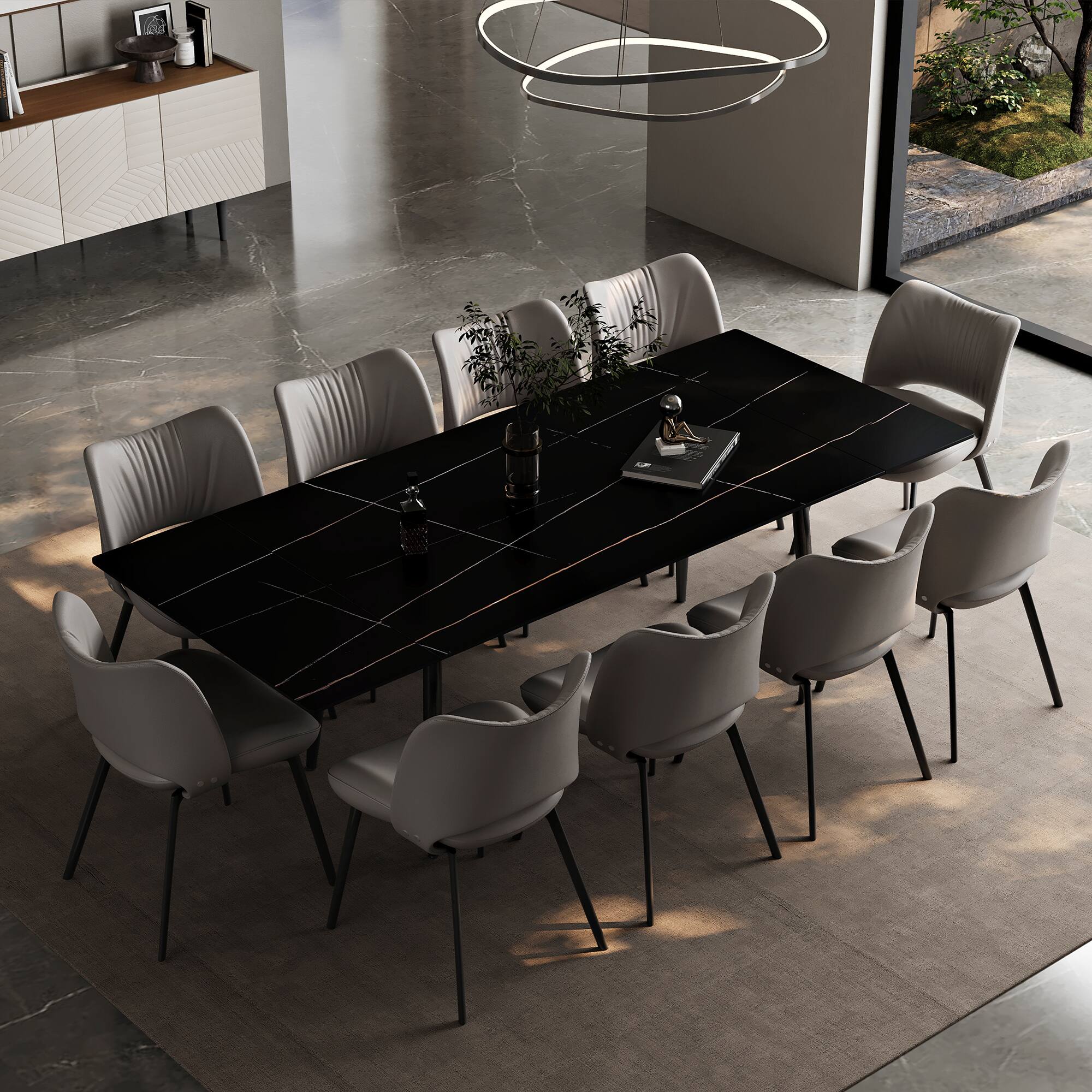 Alt View 2. luck idea - 94.4" Retractable Sintered Stone Dining Table, Seats 8 - 10 People - Black Gold.