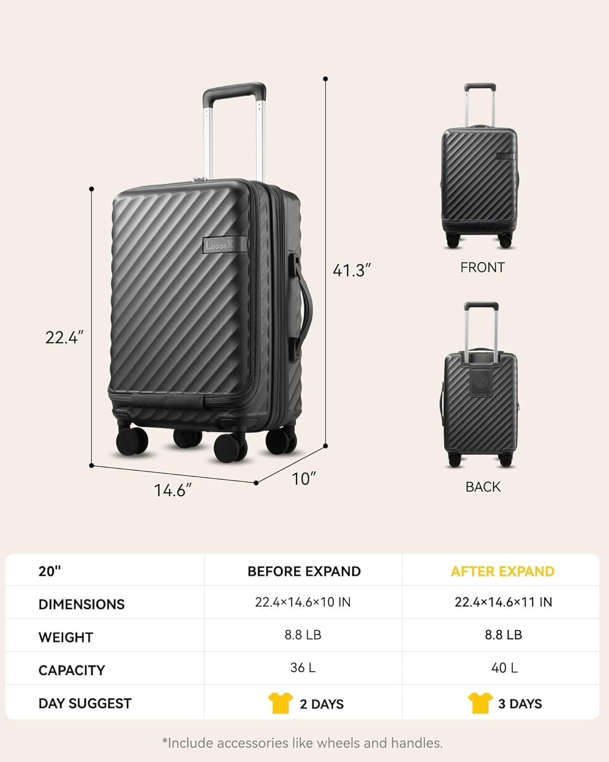 LusosX 41.3" FRONT 22.4" 14.6" 10" BACK 20" BEFORE EXPAND AFTER EXPAND DIMENSIONS 22.4x14.6x10 IN 22.4x14.6x11 IN WEIGHT 8.8 LB 8.8 LB CAPACITY 36 L 40 L DAY SUGGEST 2 DAYS 3 DAYS *Include accessories like wheels and handles.