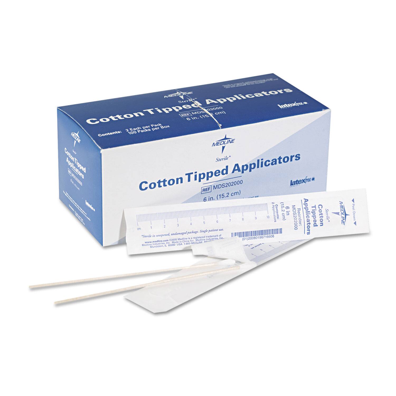 MEDLINE Sterile Cotton Tipped Applicators 6 in. (15.2 cm) Latex-Free, 100 per Box, 2 Each per Pack, 6 Packs per Box, MDS202000