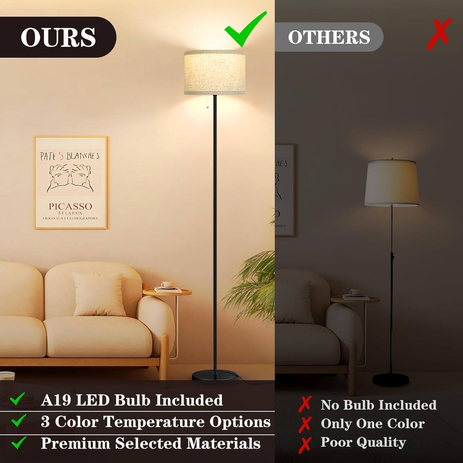 **OURS**

- A19 LED Bulb Included
- 3 Color Temperature Options
- Premium Selected Materials

**OTHERS**

- No Bulb Included
- Only One Color
- Poor Quality