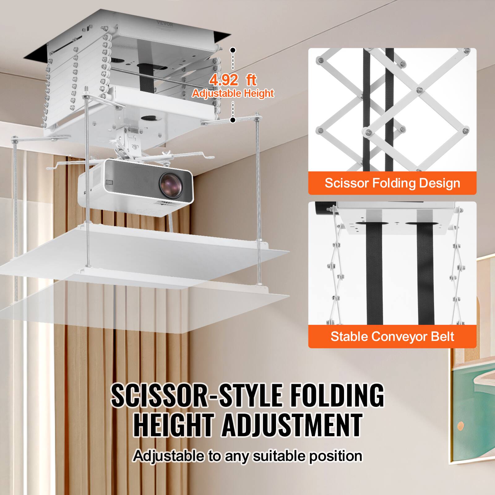 VEVOR 4.92 ft Adjustable Height 3 2 S Scissor Folding Design Stable Conveyor Belt

SCISSOR-STYLE FOLDING HEIGHT ADJUSTMENT
Adjustable to any suitable position

4.92 ft Adjustable Height

Scissor Folding Design

Stable Conveyor Belt