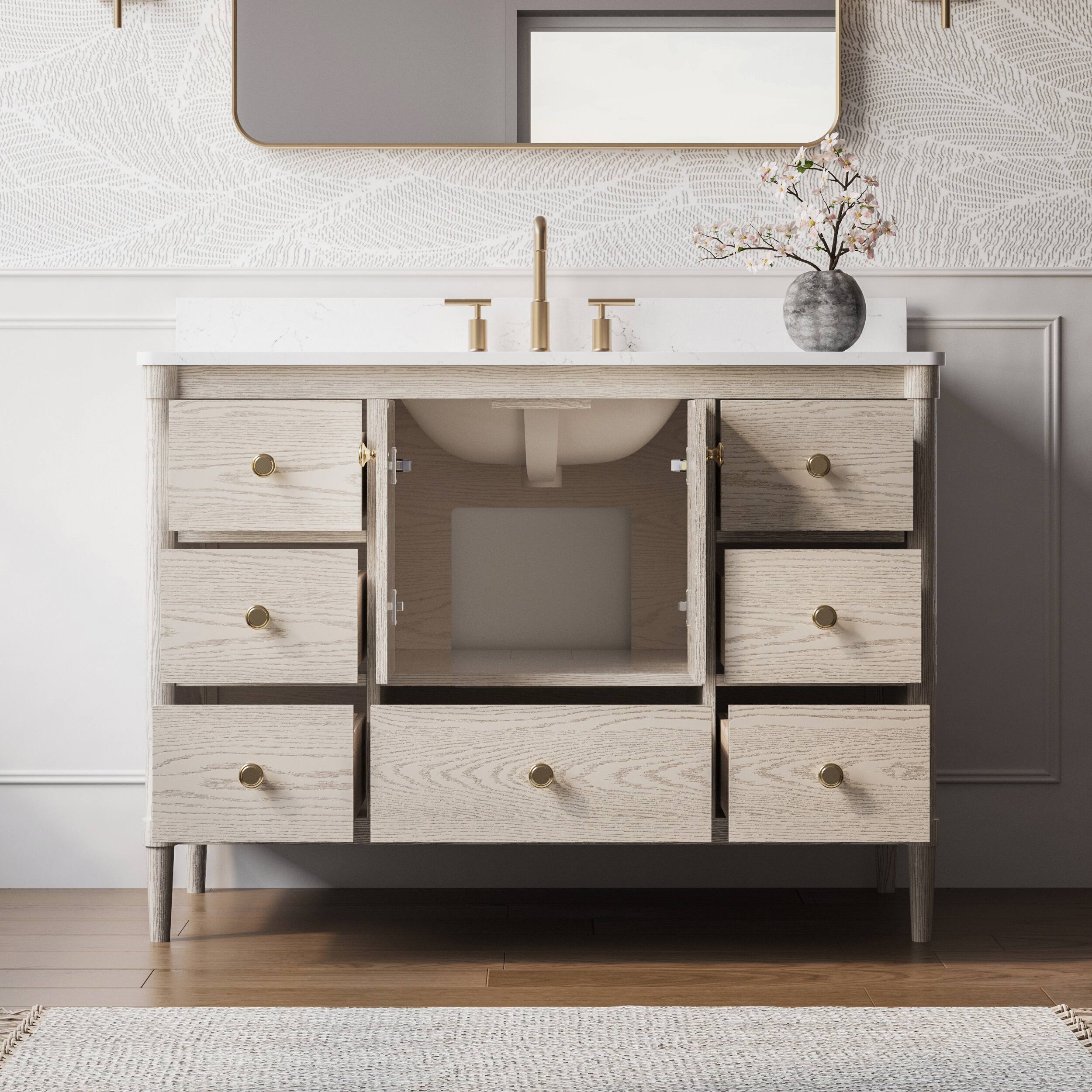 Back. WELLFOR - ETHAN 48 in. Solid Wood Bath Vanity with Quartz Top, Single Sink, Soft Close, Assembled - OAK.