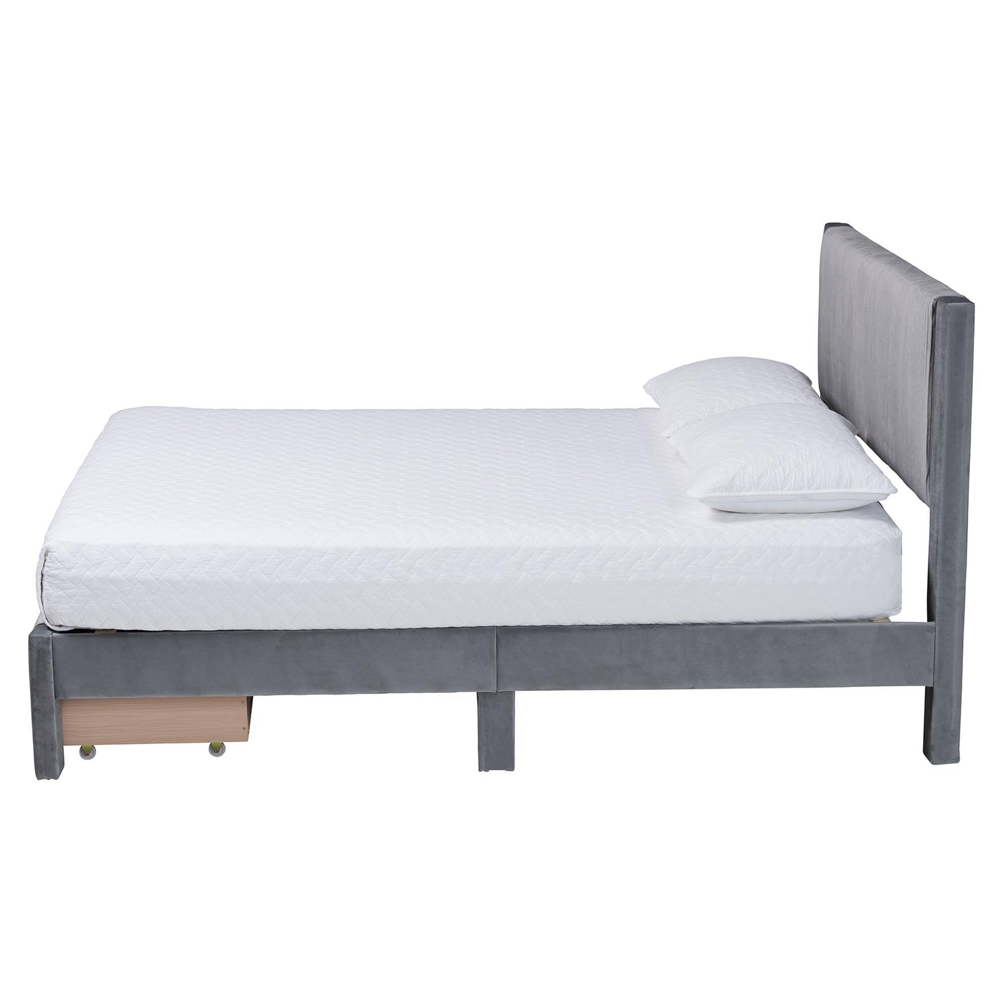 Left. Baxton Studio - Elora Modern Pleated Velvet Queen Size Storage Bed - Grey.