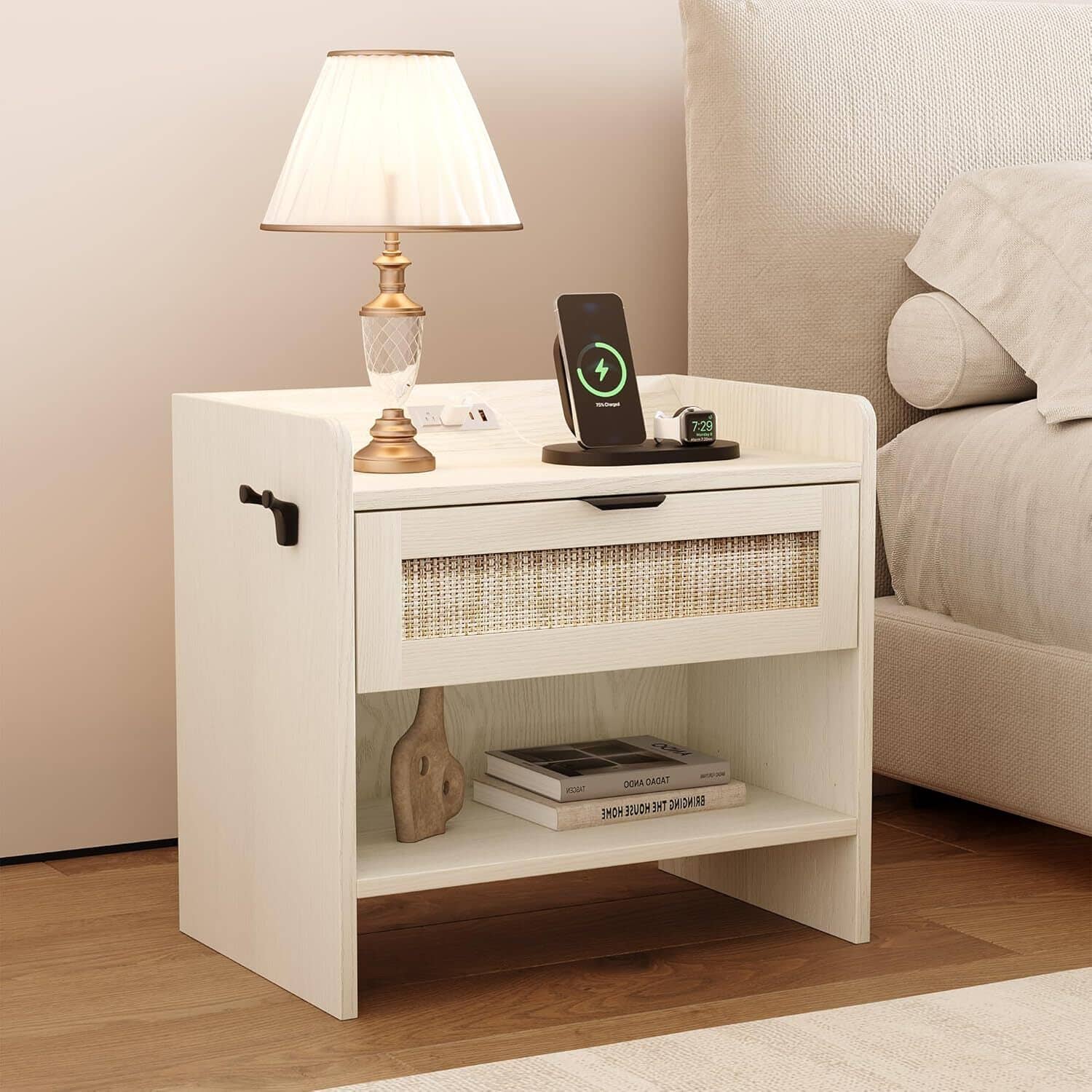 GARVEE - Rattan Nightstand, Bedside Table with Type-C Charging Station - 1 Storage Drawer & Open Storage Space, 1pcs - White