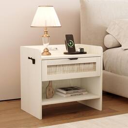 GARVEE - Rattan Nightstand, Bedside Table with Type-C Charging Station - 1 Storage Drawer & Open Storage Space, 1pcs - White