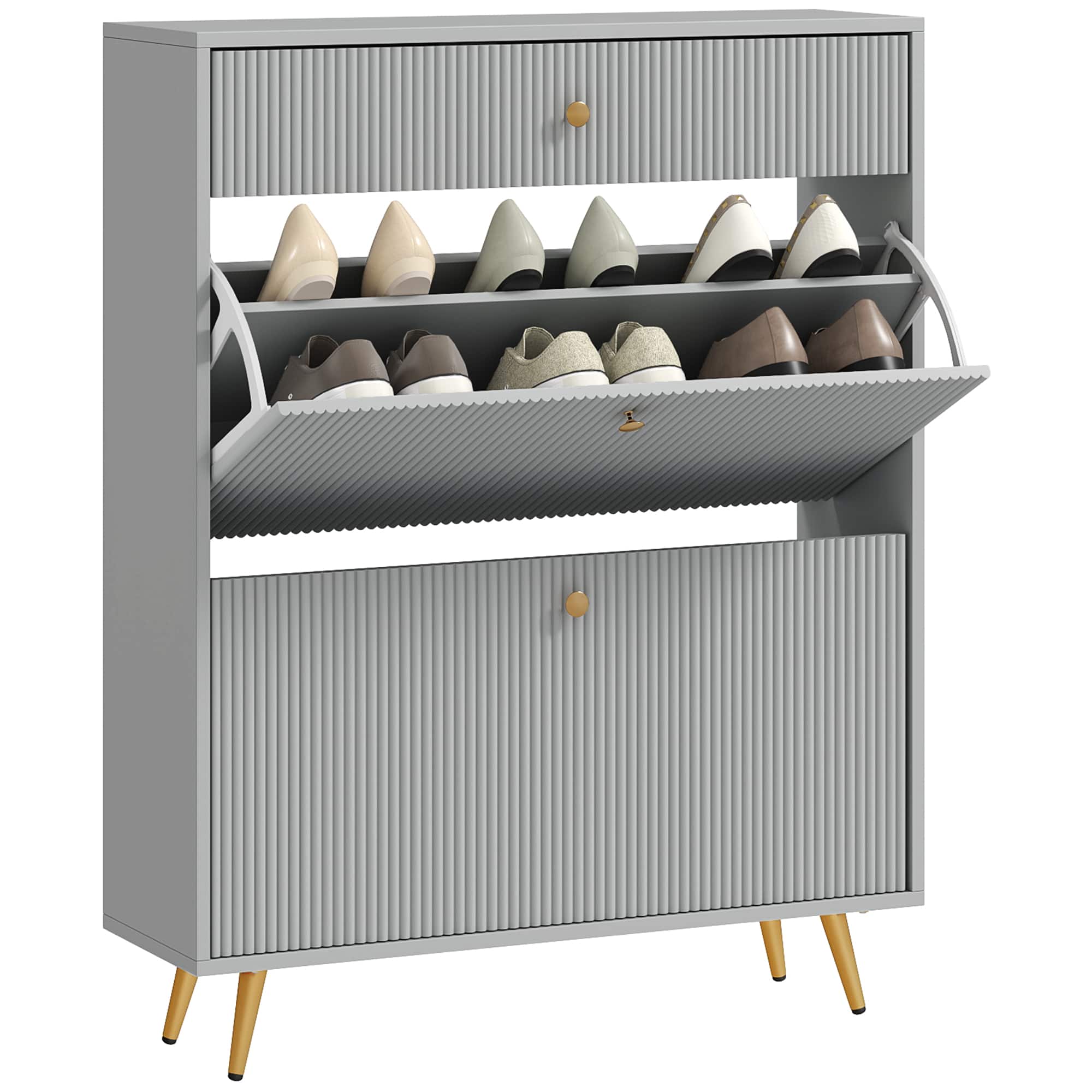 Front. Homcom - Narrow Shoe Cabinet with 2 Flip Drawers, Wave-Like Panels & Adjustable Shelves for 12 Pairs​ - Gray.