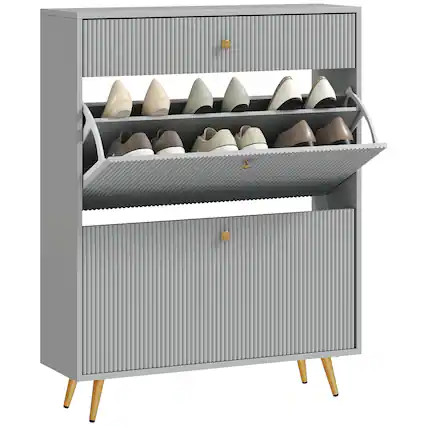 Front. Homcom - Narrow Shoe Cabinet with 2 Flip Drawers, Wave-Like Panels & Adjustable Shelves for 12 Pairs - Gray.