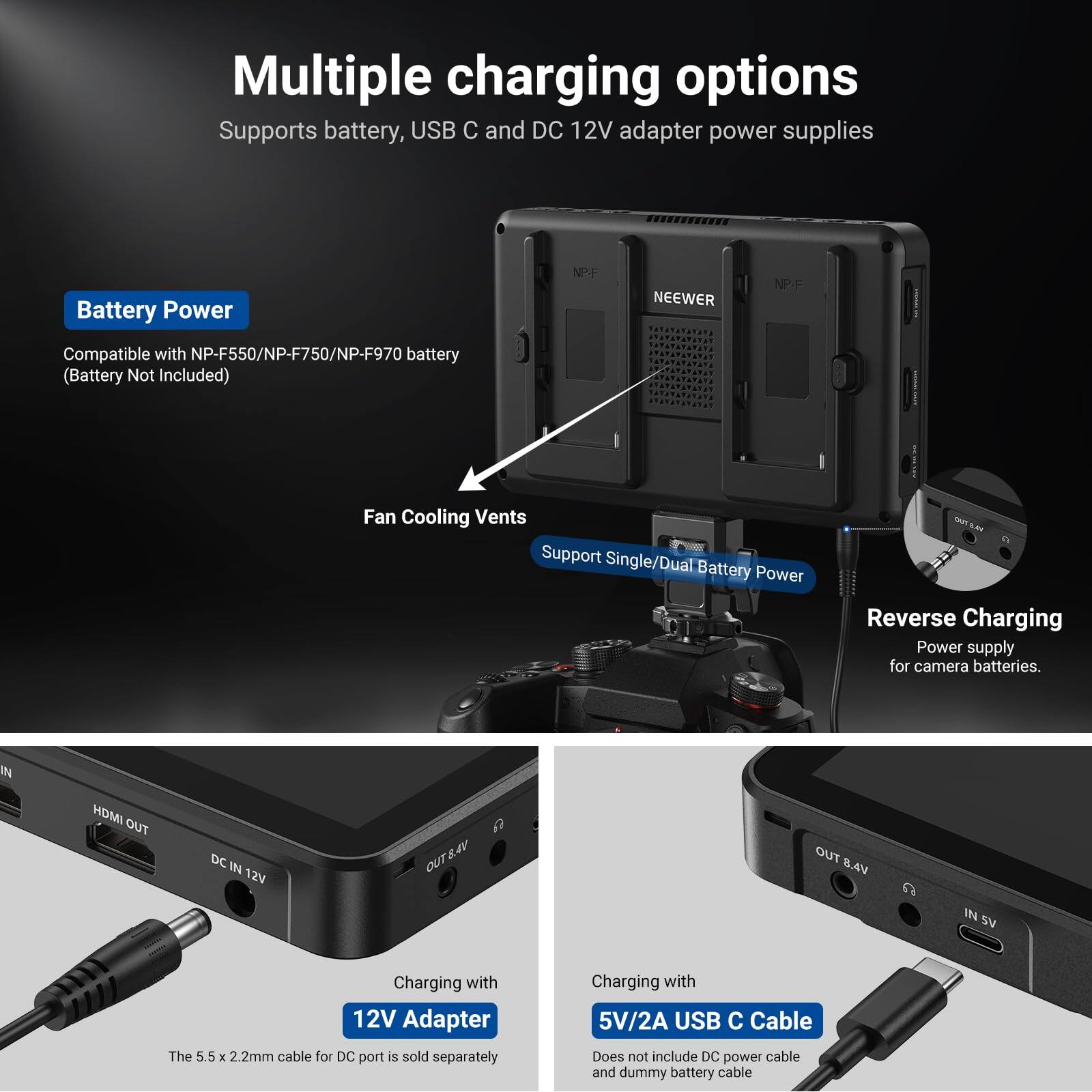 Multiple charging options  
Supports battery, USB C and DC 12V adapter power supplies  

Battery Power  
NEEWER NP-F  
Compatible with NP-F550/NP-F750/NP-F970 battery (Battery Not Included)  

Fan Cooling Vents  
Support Single/Dual Battery Power  

Reverse Charging  
Power supply for camera batteries.  

Charging with 12V Adapter  
The 5.5 x 2.2mm cable for DC port is sold separately  

Charging with 5V/2A USB C Cable  
Does not include DC power cable and dummy battery cable