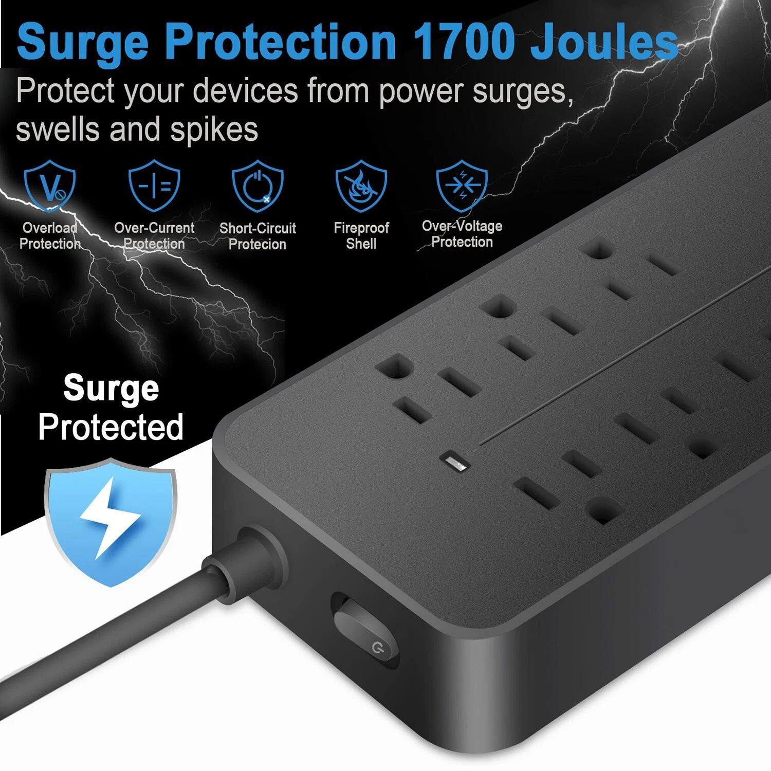 Surge Protection 1700 Joules  
Protect your devices from power surges, swells and spikes  

- Overload Protection  
- Over-Current Protection  
- Short-Circuit Protection  
- Fireproof Shell  
- Over-Voltage Protection  

Surge Protected