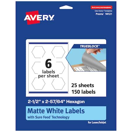 Go to avery.com/templates
AVERY
Use Avery Template Presta® 94121
TRUEBLOCK®
6 labels per sheet
25 sheets
150 labels
2-1/2" x 2-57/64" Hexagon Matte White Labels with Sure Feed Technology for Laser/Inkjet