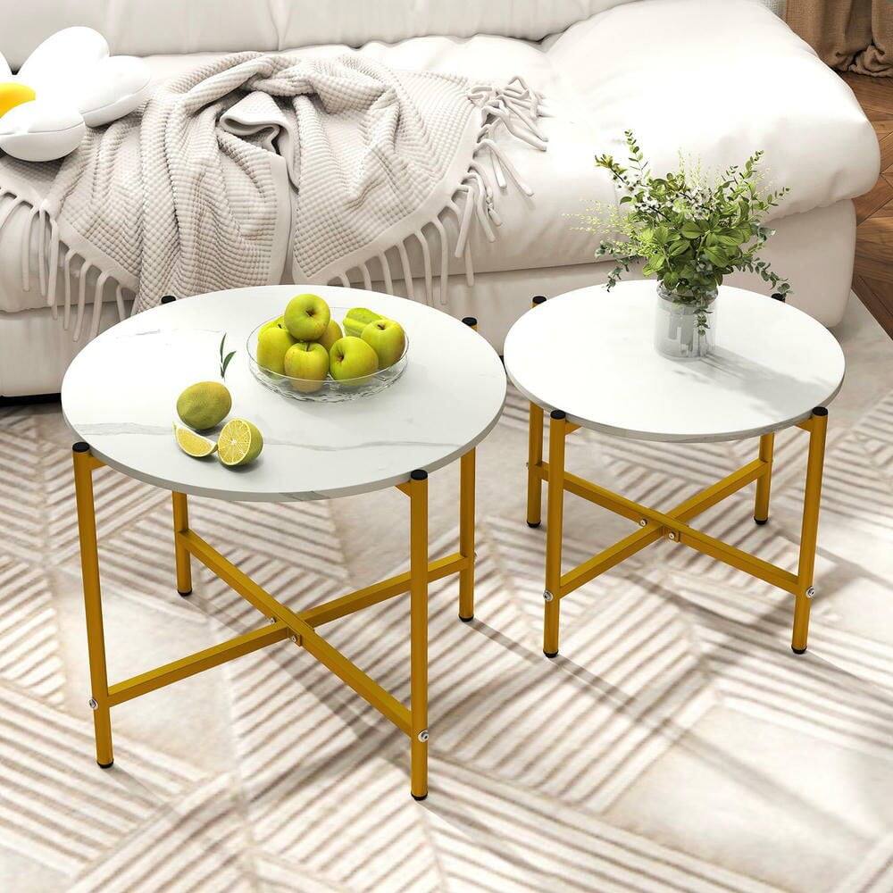 Back. Resenkos - Set of 2 Round Coffee Tables with Sturdy Metal Base Frame, White - White.