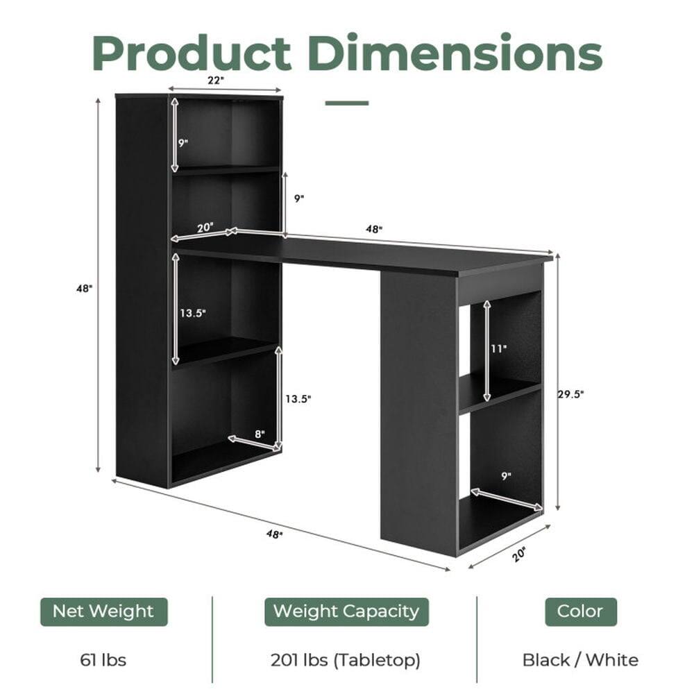 Product Dimensions:  
- Height: 48"  
- Width: 22"  
- Depth: 20"  
- Shelf Depth: 13.5"  
- Shelf Height: 9"  
- Bottom Shelf Height: 8"  
- Tabletop Depth: 48"  
- Tabletop Height: 29.5"  

Net Weight: 61 lbs  
Weight Capacity: 201 lbs (Tabletop)  
Color: Black / White