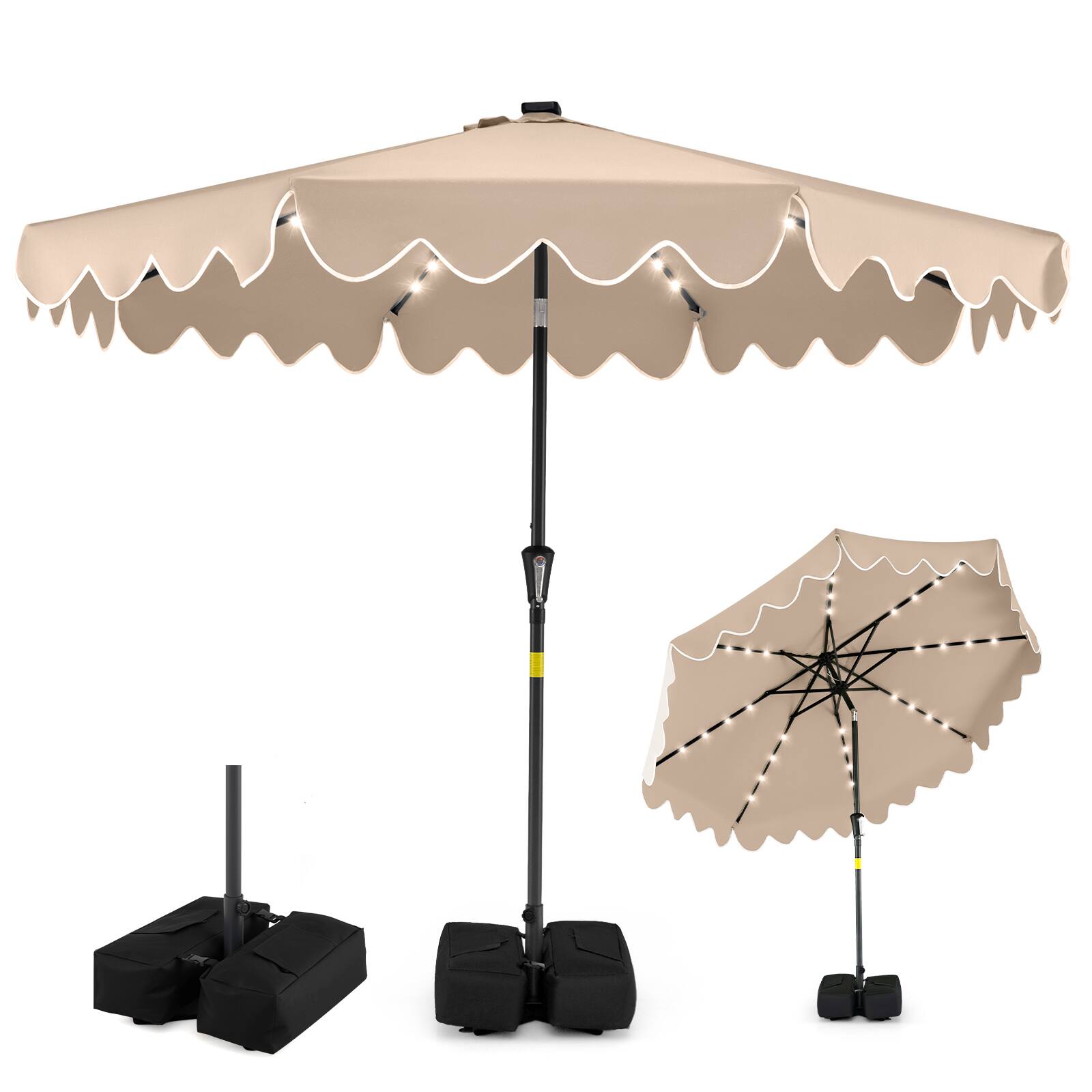 Alt View 9. Gymax - Gymax 9 FT Outdoor Patio Umbrella w/32 Solar LED Lights & Weighted Base Sandbags Brown - Brown.