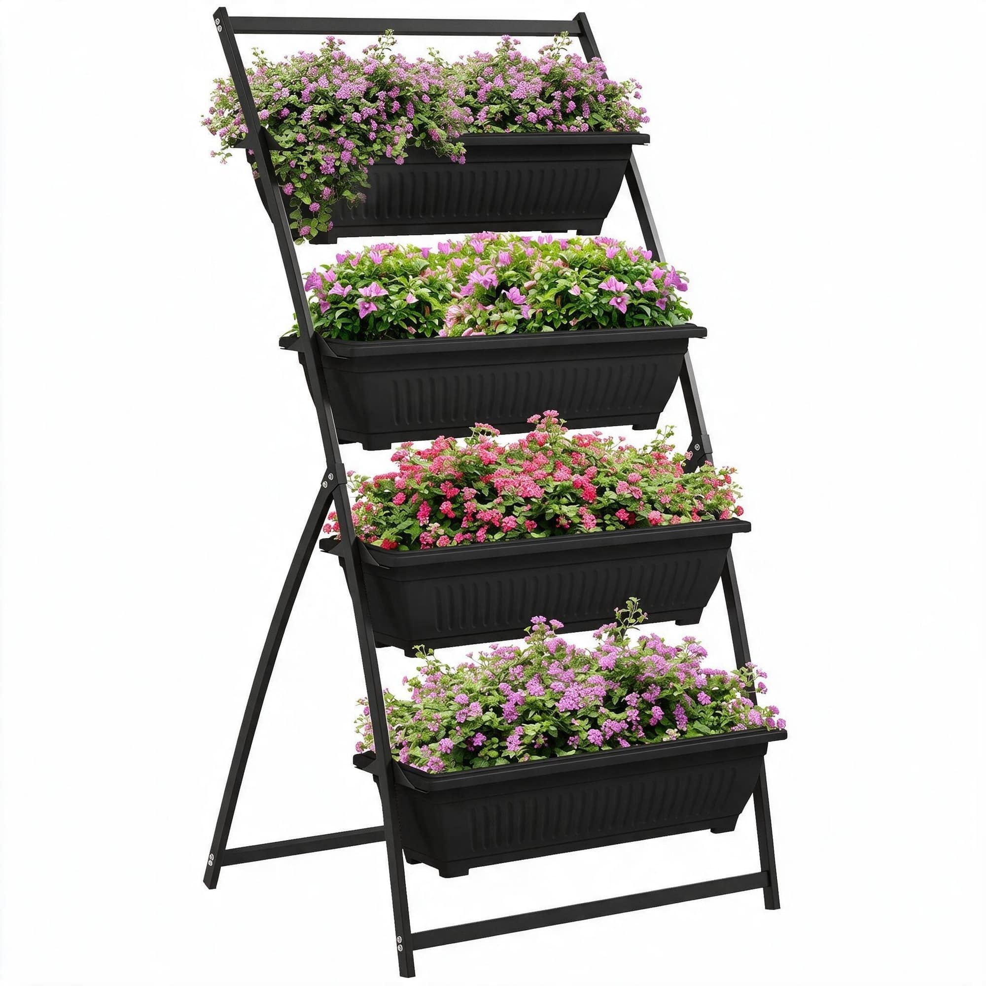 RYHNUYNE - Outsunny 4 Tier Raised Garden Bed, Vertical Planter Boxes with Stand, Self Draining Elevated Outdoor Garden - Black