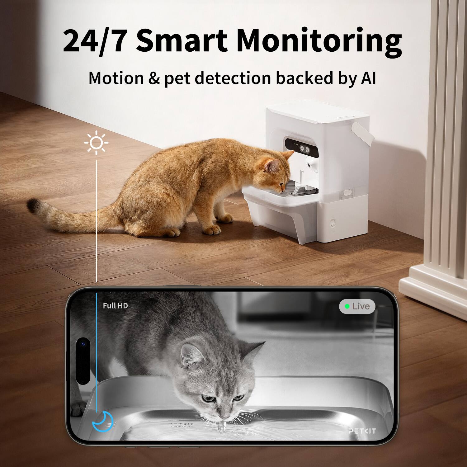 24/7 Smart Monitoring  
Motion & pet detection backed by AI  

Full HD  
Live  

CANSTRY  
PETKIT